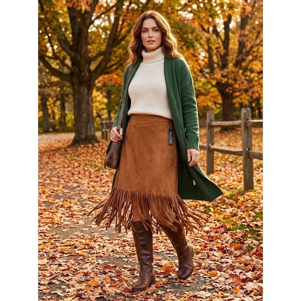 NWT French Laundry XL Boho Western Faux Suede Fringe Midi Skirt Brown Fall